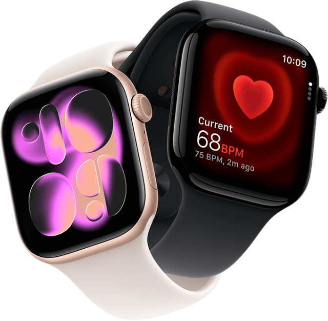 Series 11 Hero Apple Watch Series 11, Aluminium Roségold, Flow Zifferblatt, rechte Seitenansicht: Digital Crown, Mikrofon, Seitentaste, Sportarmband Blassrosa, Apple Watch Series 11, Aluminium Diamantschwarz, Herzfrequenz App, aktuelle Herzfrequenz, rechte Seitenansicht: Digital Crown, Sportarmband Schwarz