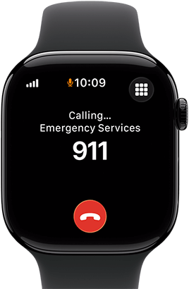 Emergency Apple Watch Series 11, Aluminiumgehäuse Diamantschwarz, ein Notruf auf dem Display, rechte Seitenansicht: Digital Crown, Sportarmband Schwarz