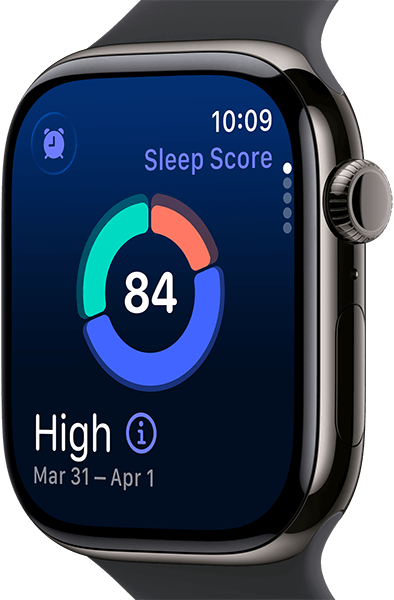 Schlafen Nahaufnahme der Apple Watch Series 11 mit einem Titangehäuse Schiefer, auf dem Display wird der Schlafindex angezeigt