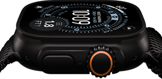 Apple Watch Ultra 3 Apple Watch Ultra 3, Seitenansicht, Titangehäuse Schwarz, Kompass auf dem Orientierung Zifferblatt, Seitentaste und Digital Crown