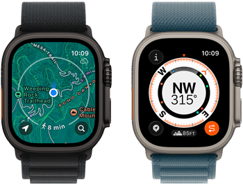 Apple Watch Ultra 3 Hiking Zwei Apple Watch Ultra 3 Geräte, eines zeigt Karten und das andere Backtrack Funktionen, darunter Kompass, Höhenmeter und markierte Wegpunkte