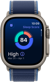 Apple Watch Ultra 3 Schlafindex Apple Watch Ultra 3, Titangehäuse Natur, Display mit Schlafindex, Aufteilung als Kreisdiagramm, Indexwert in der Mitte, Armband, Trail Loop Blau