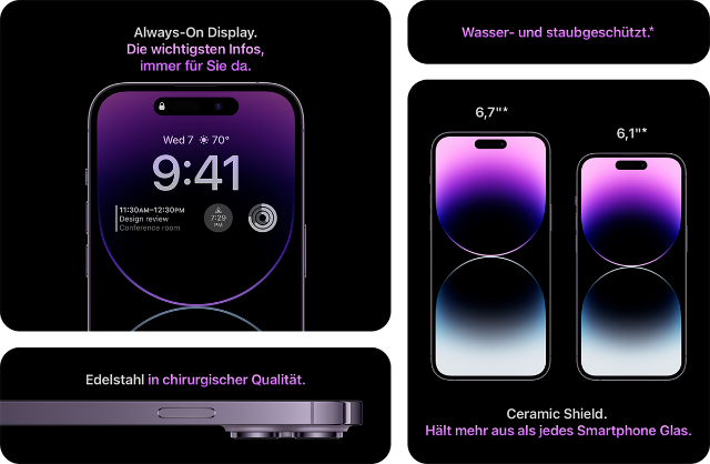 iPhone 14 Pro mit Always-on Display und Ceramic Shield Glas.