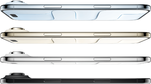 Das das iPhone Air in den Farben Space Schwarz, Wolkenweiß, Lichtgold und Himmelblau untereinander Das das iPhone Air in den Farben Space Schwarz, Wolkenweiß, Lichtgold und Himmelblau nebeneinander