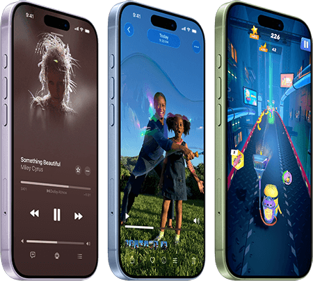 A19 Chip iPhone 17 Geräte, Vorderseite, Seitenansicht, zeigen Apple Music, Videowiedergabe, Gaming, Tasten: Actiontaste, Lautstärke