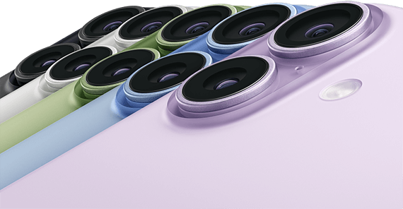 Kameras iPhone 17, Rückansicht, Dual Fusion Kamera-System, alle fünf Farben überlappend: Schwarz, Weiß, Salbei, Nebelblau und Lavendel