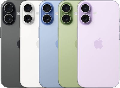Farben iPhone 17, Rückansicht, Dual Fusion Kamera-System, alle fünf Farben überlappend: Schwarz, Weiß, Salbei, Nebelblau und Lavendel