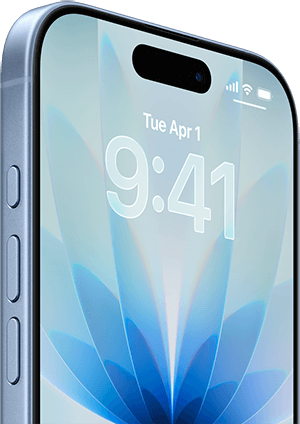 Display iPhone 17, Vorderansicht, Farbe Nebelblau, Dynamic Island mittig, Tasten: Actiontaste, Lautstärke