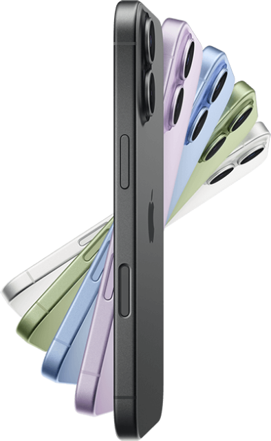 iPhone 17 Hero iPhone 17, Seitenansicht, fünf Farben: Schwarz, Lavendel, Nebelblau, Salbei und Weiß.