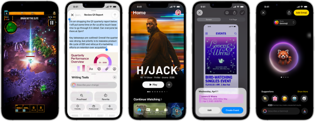 Nebeneinander angeordnete iPhone 17e Geräte mit unterschiedlichen Displays: ein Spiel wird gespielt, Schreibtools, Apple TV App, ein Kalenderereignis wird erstellt, ein Genmoji wird erstellt