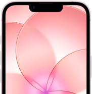 iPhone 17e, Teilansicht der Vorderseite mit Ceramic Shield 2, Farbe Hellrosa, zeigt ein Hintergrundbild mit einer rosa Blume