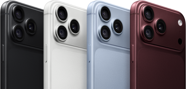 iPhone 18 Pro Geräte in einer Reihe, Rückseite, alle vier Farben: Burgunder, Polar, Silber, Schwarz, Pro Fusion Kamera-System oben links, 3 Objektive, Mikrofon, Blitz