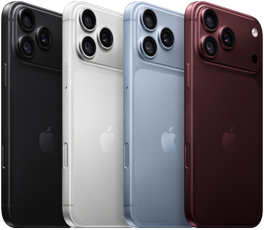 iPhone 18 Pro Geräte in einer Reihe, Rückseite, alle vier Farben: Burgunder, Polar, Silber, Schwarz, Pro Fusion Kamera-System oben links, 3 Objektive, Mikrofon, Blitz