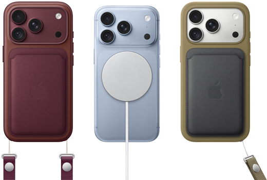 iPhone 18 Pro, Rückseite, Farbe Burgunder, Feingewebe Wallet mit MagSafe in Burgunder; iPhone 18 Pro, Rückseite, Farbe Polar, mit MagSafe Batterie; iPhone 18 Pro, Rückseite, Farbe Silber, mit Silikon Case in Grün und MagSafe Ladegerät