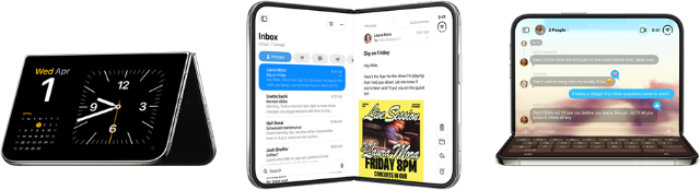 iPhone Duo in verschiedenen Positionen: umgedreht im offenen Querformat, in einem leichten Winkel geöffnet, äußeres Display, All‑Screen Design. Leicht geöffnet wie ein Buch und aufgestellt. Querformat geöffnet, in rechtem Winkel geöffnet, inneres Display, All-Screen Design