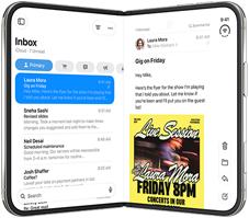 iPhone Duo in verschiedenen Positionen: umgedreht im offenen Querformat, in einem leichten Winkel geöffnet, äußeres Display, All‑Screen Design. Leicht geöffnet wie ein Buch und aufgestellt. Querformat geöffnet, in rechtem Winkel geöffnet, inneres Display, All-Screen Design
