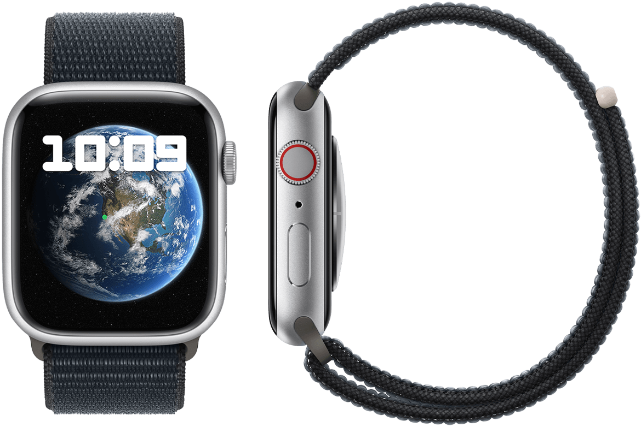 Apple Watch Series 9 mit dunklem Armband in Front- und Seitenansicht.