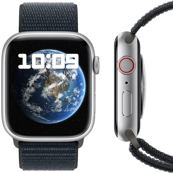 Apple Watch Series 9 mit dunklem Armband in Front- und Seitenansicht.