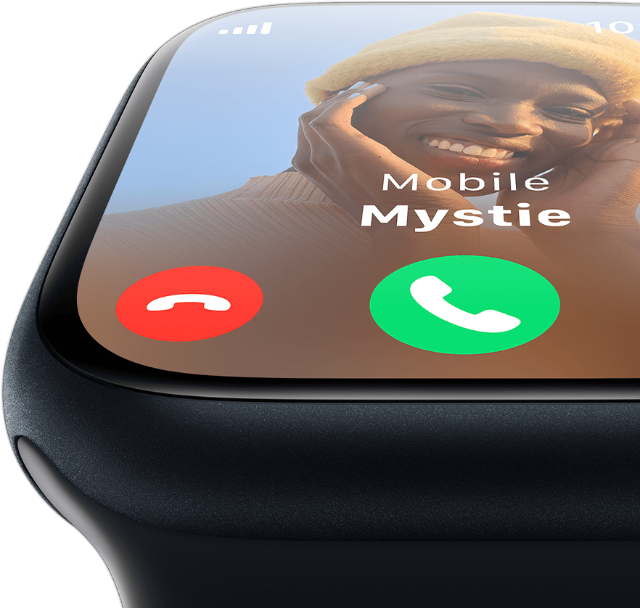 Apple Watch Series 9 mit dunklem Armband zeigt am Display einen Anruf von Mystie