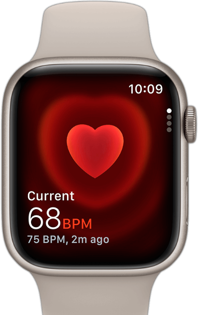 Apple Watch Series 9 mit beigem Armband zeigt Pulsmessung am Display