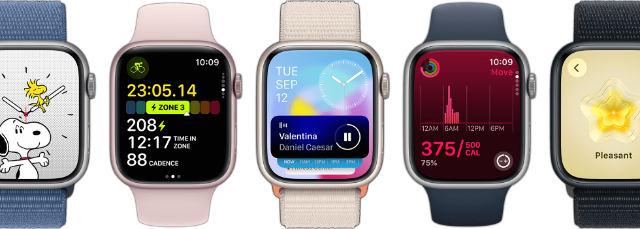 Verschiedene Varianten der Apple Watch Series 9 mit überarbeiteten Apps am Display