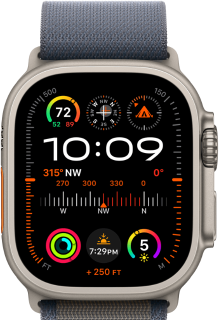 Frontansicht der Apple Watch Ultra 2 mit Sport Complications am Display