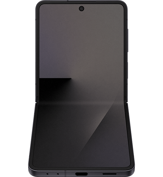 Galaxy Z Flip 7 Perspective Produktabbildung des Samsung Galaxy Z Flip 7, halb geöffnete Vorderseite