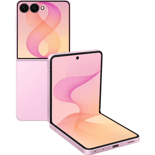 Produktabbildung Samsung Galaxy Flip8 - aufgeklappte Rückseite und halb aufgeklappte Vorderseite