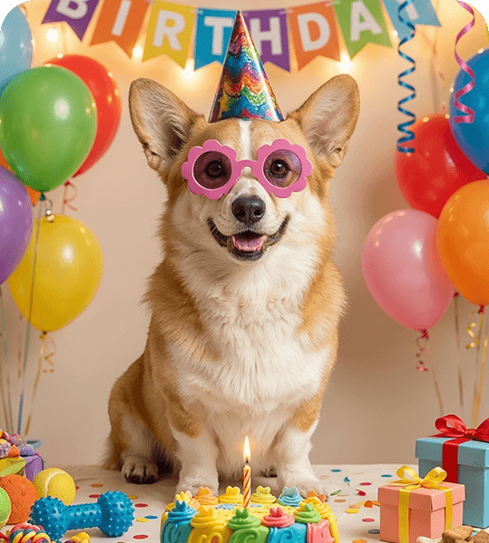 Ein mit KI generierte Bild eines Hundes mit Partyhut, Sonnenbrille und einer Geburtstagstorte. Luftballons sind im Hintergrund zu sehen.