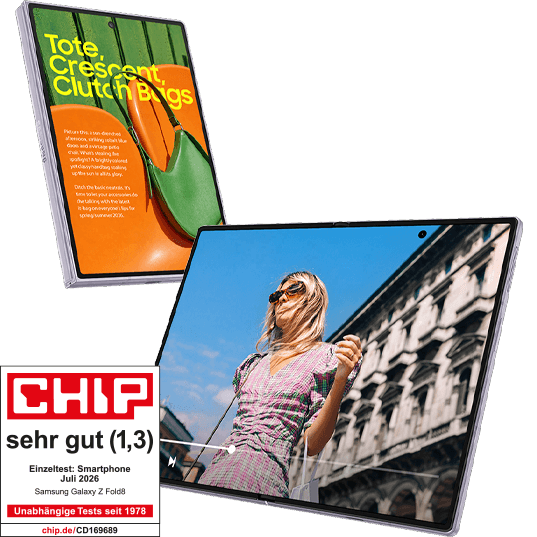 Ein aufgeklapptes und ein zusammen geklapptes Fold8 nebeneinander mit kontrastreichen, brillanten Farben am Display.. Chip-Siegel sehr gut, Einzeltest Smartphone Juli 2026