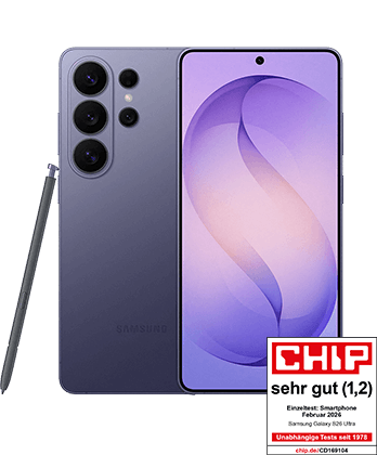 Produktabbildung Samsung Galaxy S26 Ultra in cobalt violet - Vorder- und Rückansicht mit Chip-Testsiegel sehr gut, Note 1,2 Einzeltest Smartphone Februar 2026