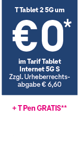 T Tablet 2 5G um €0 im Tarif Tablet Internet 5G S zzgl. Urheberrechtsabgabe € 6,60 + T Pen Gratis. Powered by Perplexity.