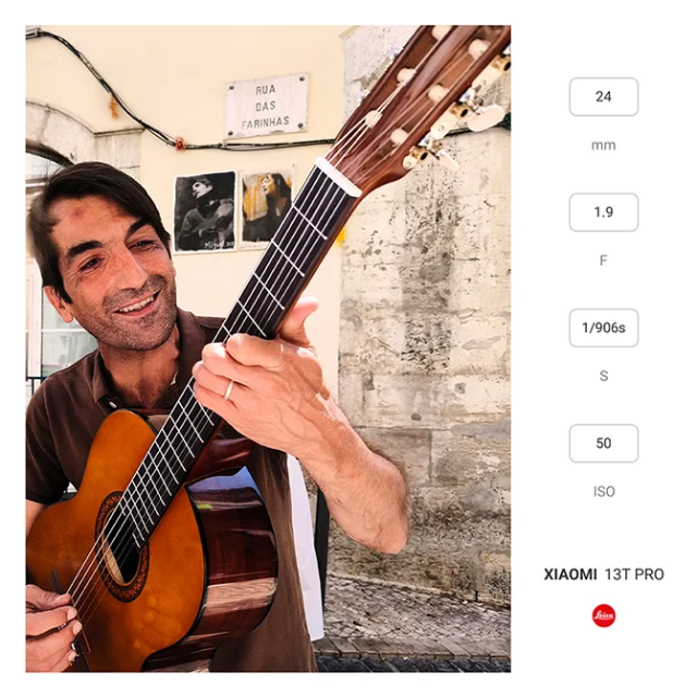 Ein Mann spielt Gitarre auf der Straße. Daneben stehen Brennweite, F-Stop, Belichtungszeit und ISO