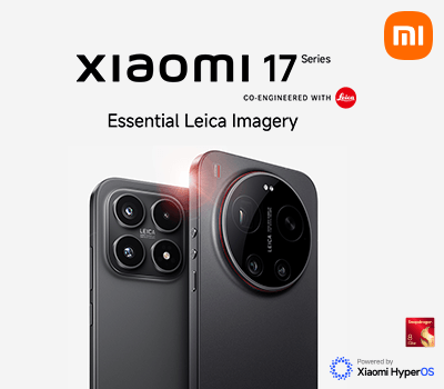 xiaomi 17 series, co-engineered with leica. Essential Leica Imagery. Rückabbildung des xiamo 17 und xiamo 17 ultra in Schwarz mit Kamera.