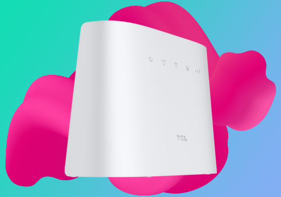 Internet LTE Box HH132 Magenta Internet-Router vor farbigem Hintergrund in Pink und Türkis