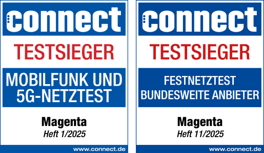 Connect Testsiegel Connect Mobilfunk und 5G-Netztest: Note Testsieger - 1/2025 , Connect Festnetztest bundesweite Anbieter: Note Testsieger  - 11/2025